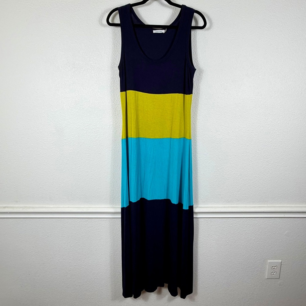 Calvin Klein Womens Maxi Dress 10 L Large Navy Blue Colorblock Jersey Resortwear